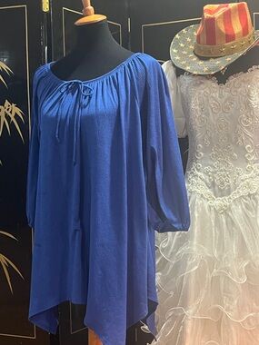 Women’s Blue Peasant Top with Tie Neck RE